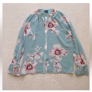 Ann Taylor Floral Shirred Button Down Blouse Top Small